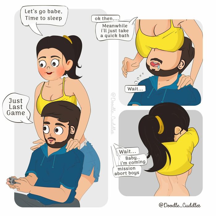 Couple life doodle cuddles comic showing playful moments between partners balancing gaming and bedtime routine.