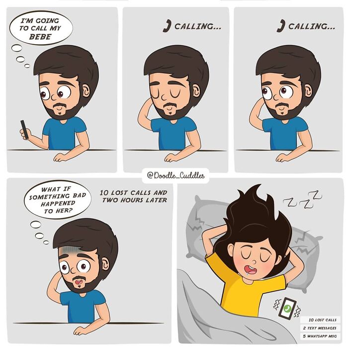 Man anxiously calling while woman sleeps, a doodle cuddles comic capturing everyday couple life moments.