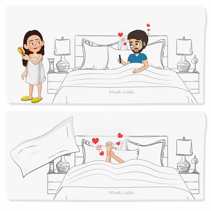 Couple moments from doodle cuddles comics showing love and funny everyday couple life in a cozy bedroom setting.