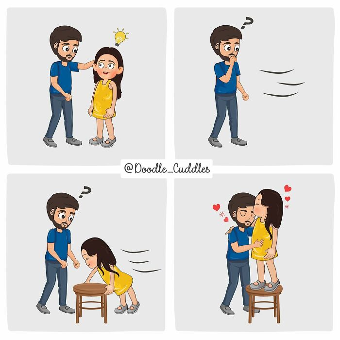 Couple in doodle cuddles comic, girl standing on stool to kiss boy, capturing everyday couple life moments.