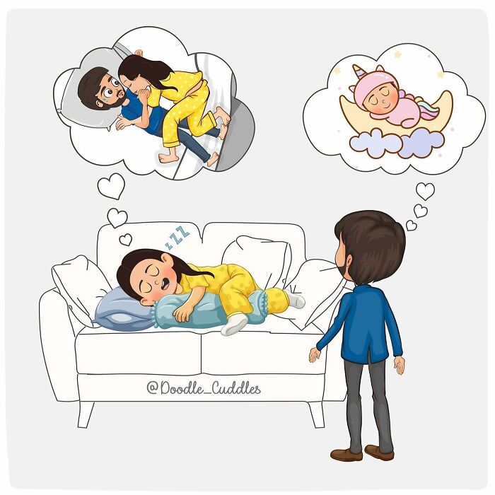 Couple cuddles and cute dreams depicted in a doodle cuddle comic capturing everyday couple life moments.