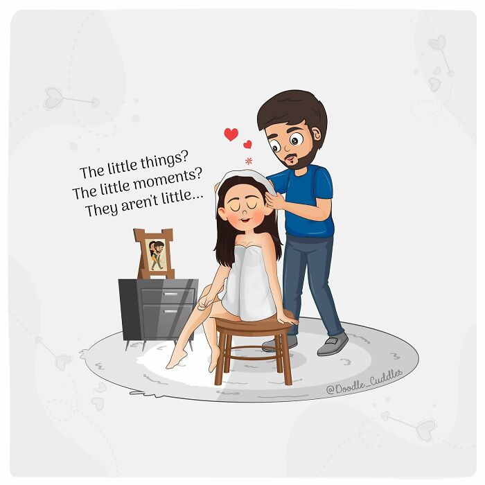 Couple sharing a sweet moment with gentle head massage in a doodle cuddles comic capturing everyday couple life.