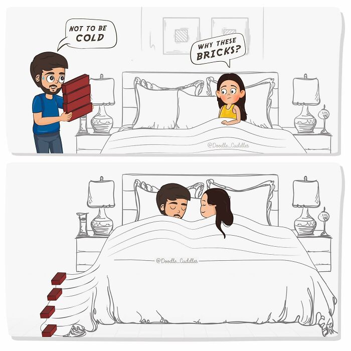 Couple in doodle cuddles comics using bricks under blanket to avoid being cold, capturing everyday couple life humor.
