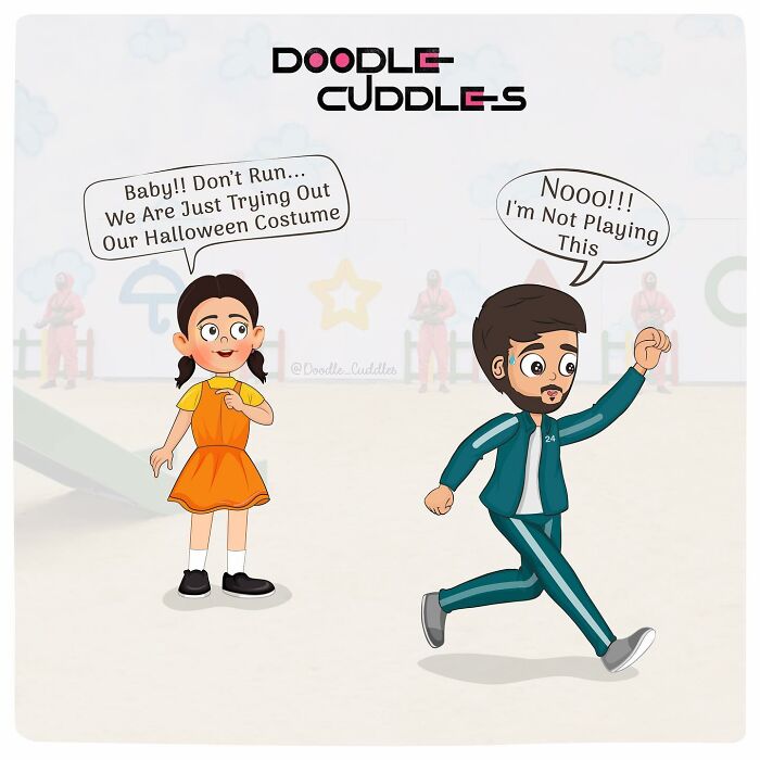 Cartoon couple in Halloween costume testing scene, funny doodle cuddles comic capturing everyday couple life moments.