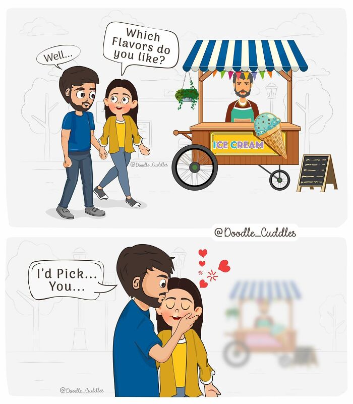 Couple at ice cream cart in doodle cuddles comic, capturing sweet and funny moments of everyday couple life.