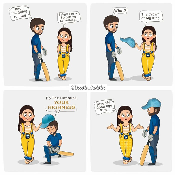 Couple in doodle cuddles comic with man playing cricket and woman giving him a cap as a funny everyday couple moment.