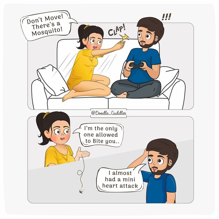 Couple in doodle cuddles comic as woman stops man from k*****g mosquito, capturing everyday couple life humor and sweetness.