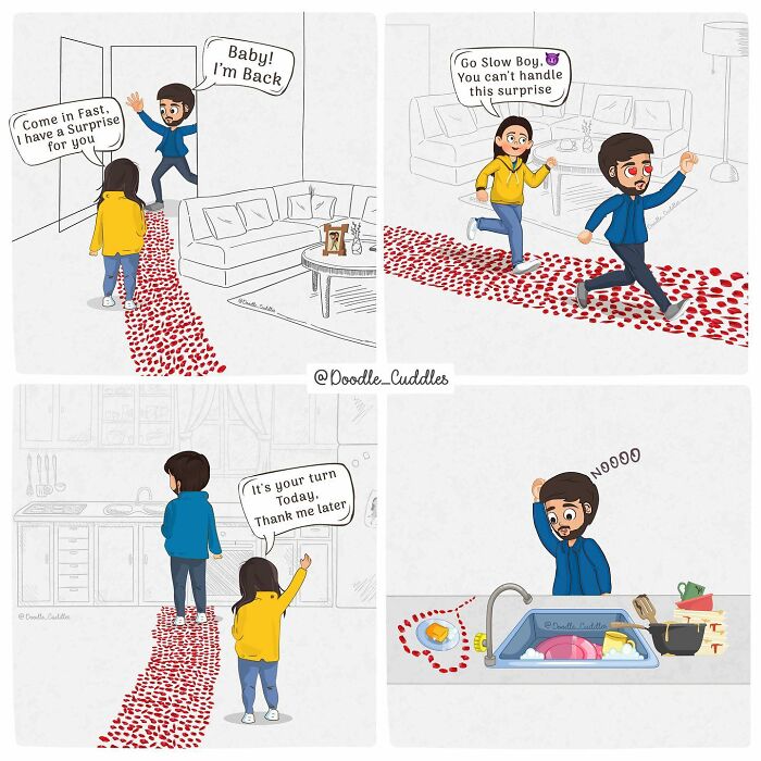 Couple in doodle cuddles comic, man surprised by rose petal trail and tasked with washing dishes afterward.