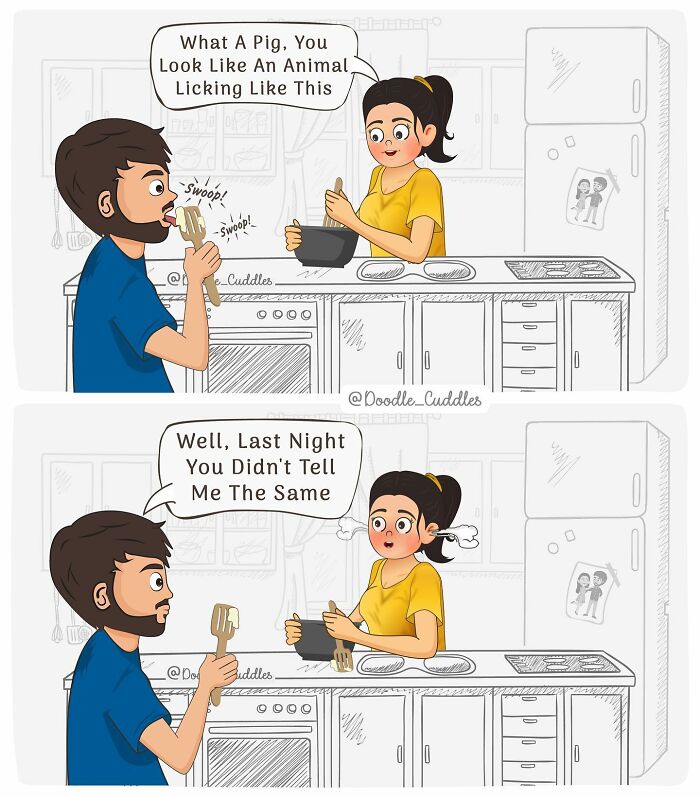 Couple sharing a funny kitchen moment in a doodle cuddles comic illustrating everyday couple life humor.
