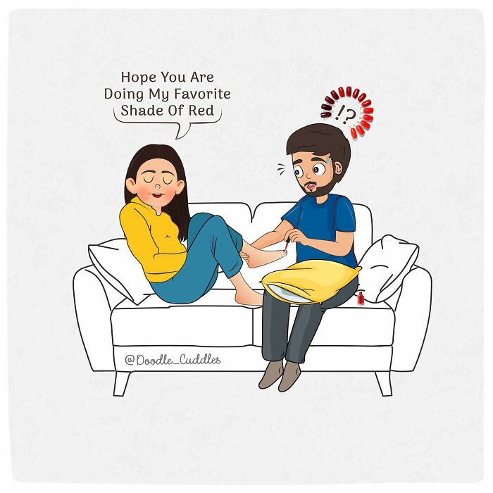 Couple sharing a sweet moment as the man paints the woman's nails in a doodle cuddles comic about everyday couple life.