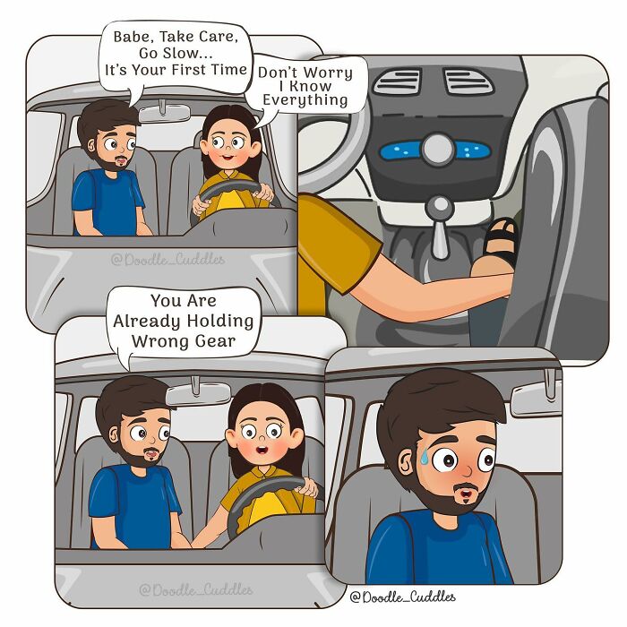 Couple sharing a funny moment while driving, captured in a doodle cuddles comic about everyday couple life.