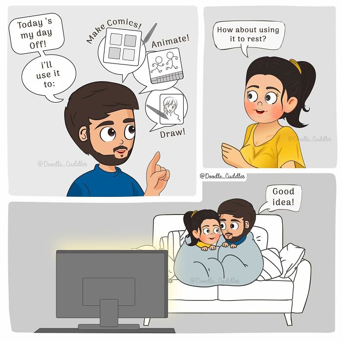 Couple in a doodle cuddles comic deciding between working on art or resting together on the couch.