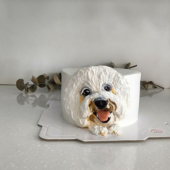 Pet-themed cake shaped and decorated to look like a smiling white fluffy dog capturing its adorable personality.