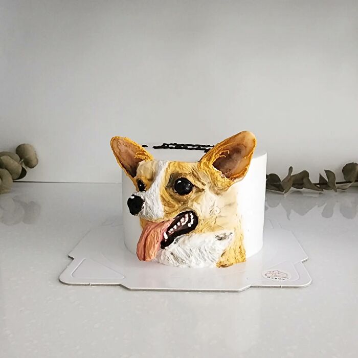 Pet-themed cake shaped like a corgi dog’s head with detailed frosting capturing its unique personality.