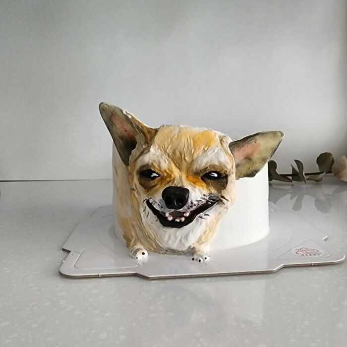Pet-themed cake shaped like a smiling dog with detailed ears and fur capturing the pet's unique personality.