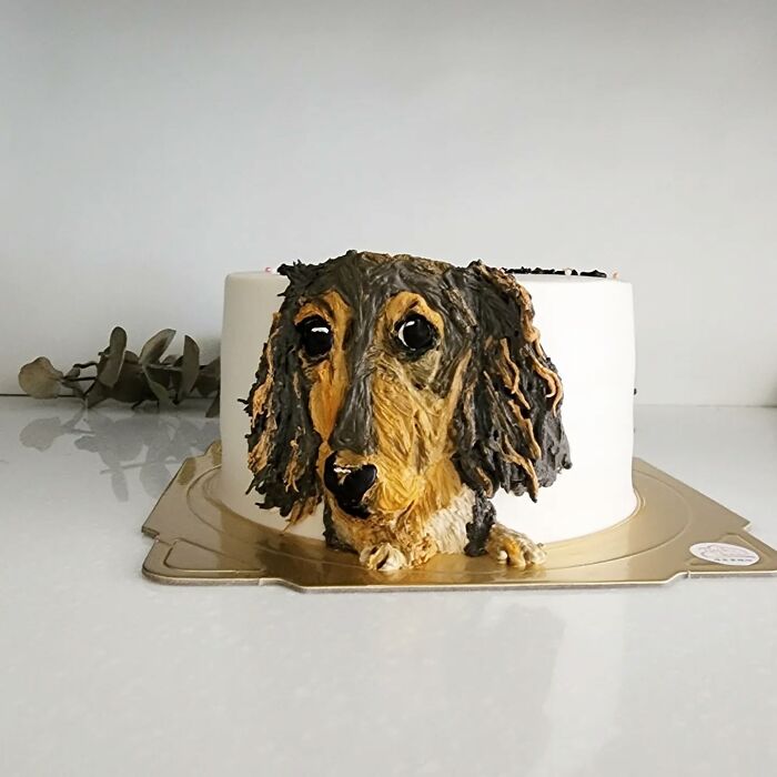 Cake with realistic pet-themed dog face design by artist capturing unique personality of the pet on a white background