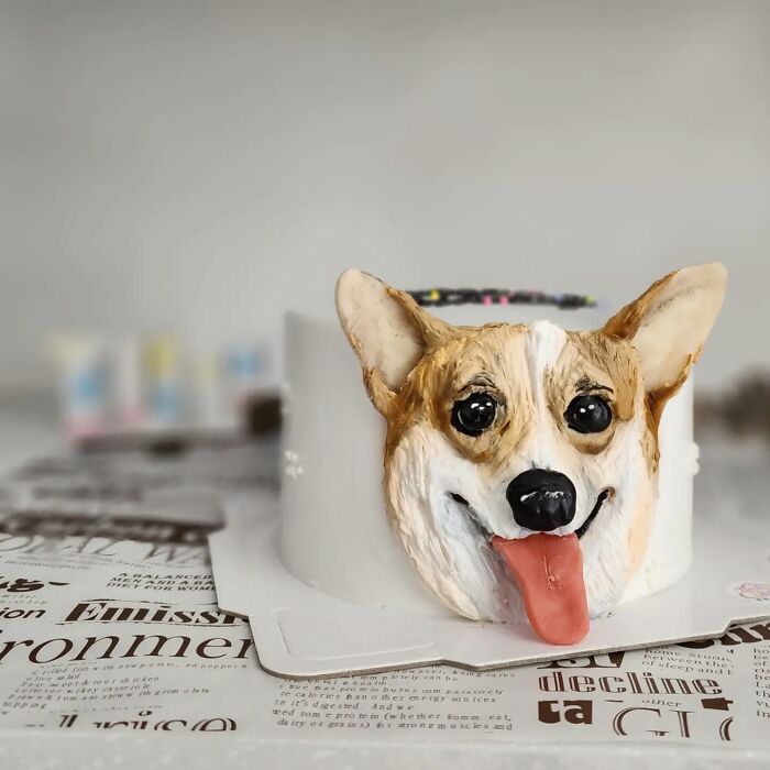 Pet-themed cake featuring a realistic corgi face with detailed fur and a playful expression capturing pet personality.