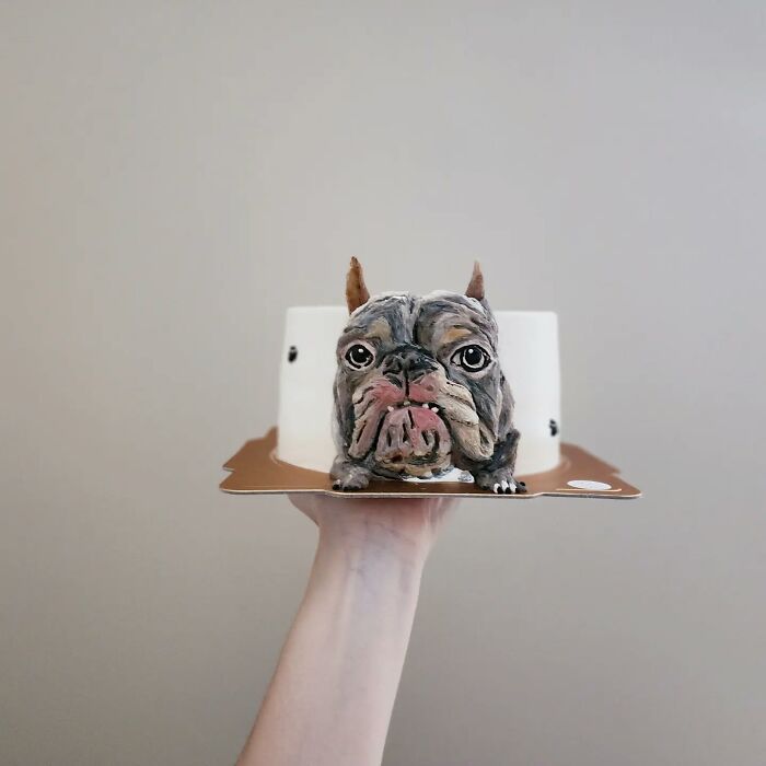 Hand holding an adorable pet-themed cake shaped like a bulldog, highlighting artist's skill in capturing unique pet personality.