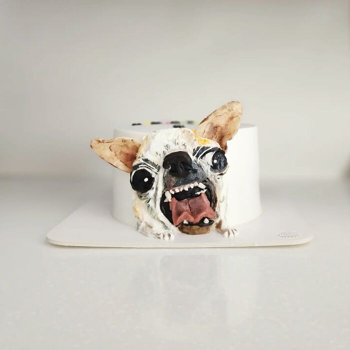 Realistic pet-themed cake shaped like a dog's face with detailed expression, showcasing adorable pet-themed cake artistry.