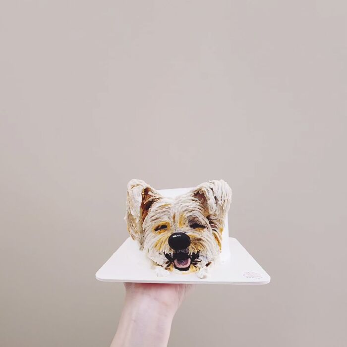Hand holding a pet-themed cake shaped and decorated to capture the unique personality of a dog.