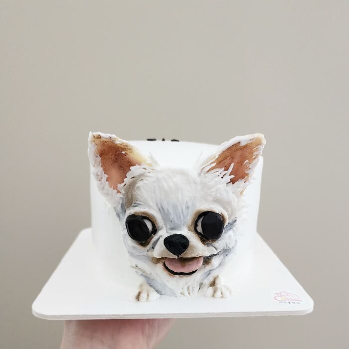 Handcrafted pet-themed cake shaped like a chihuahua with detailed frosting capturing the dog's unique personality.