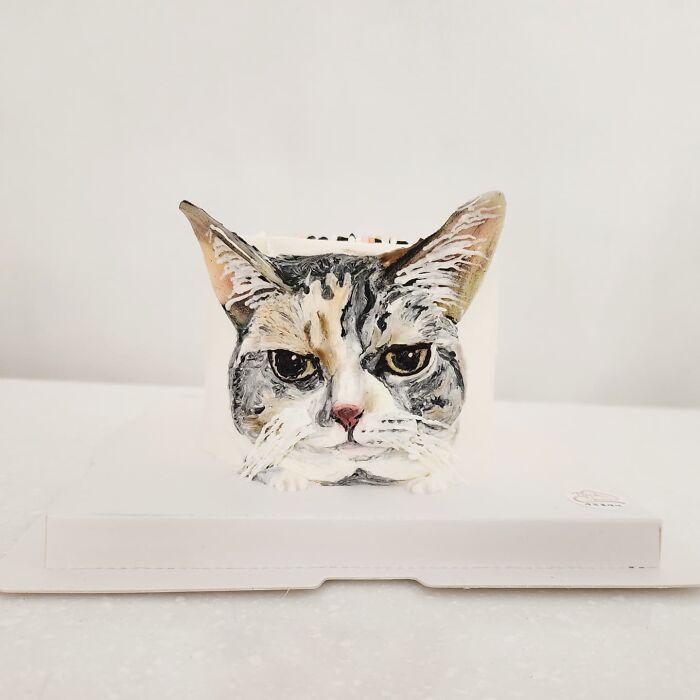 Realistic cat face cake showcasing adorable pet-themed cake art capturing unique pet personality.