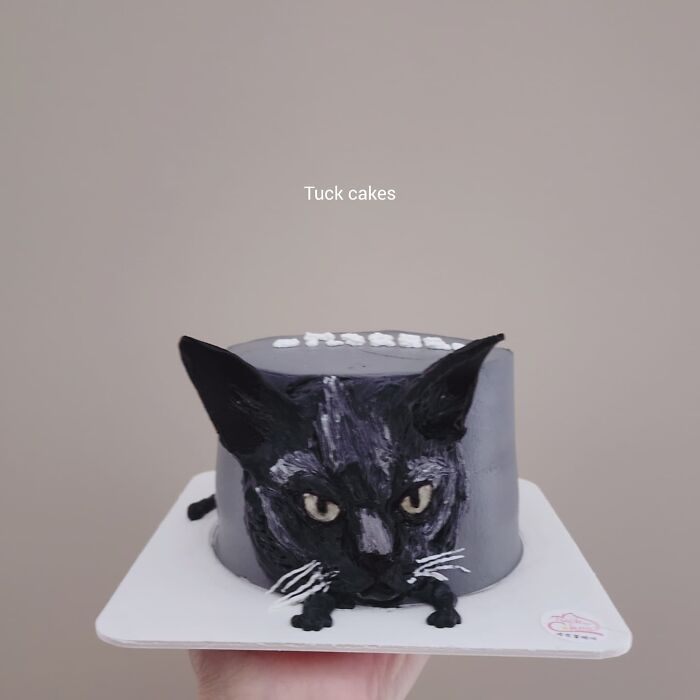 Pet-themed cake shaped like a black cat capturing unique personality with detailed facial features and realistic design.