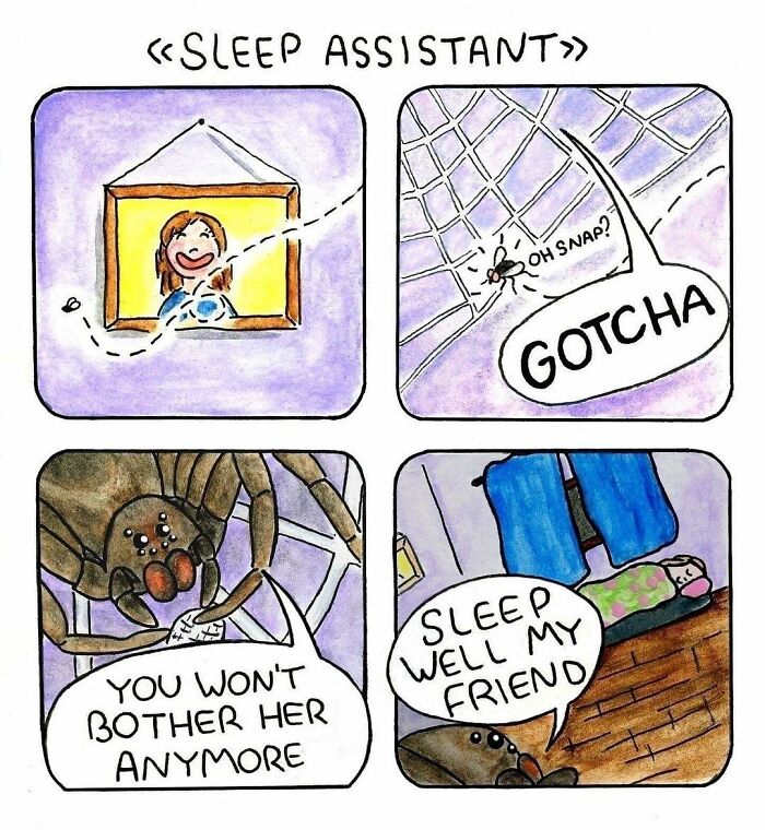 Comic panels by biologist-turned-artist showing a spider catching a fly and comforting a sleeping person.