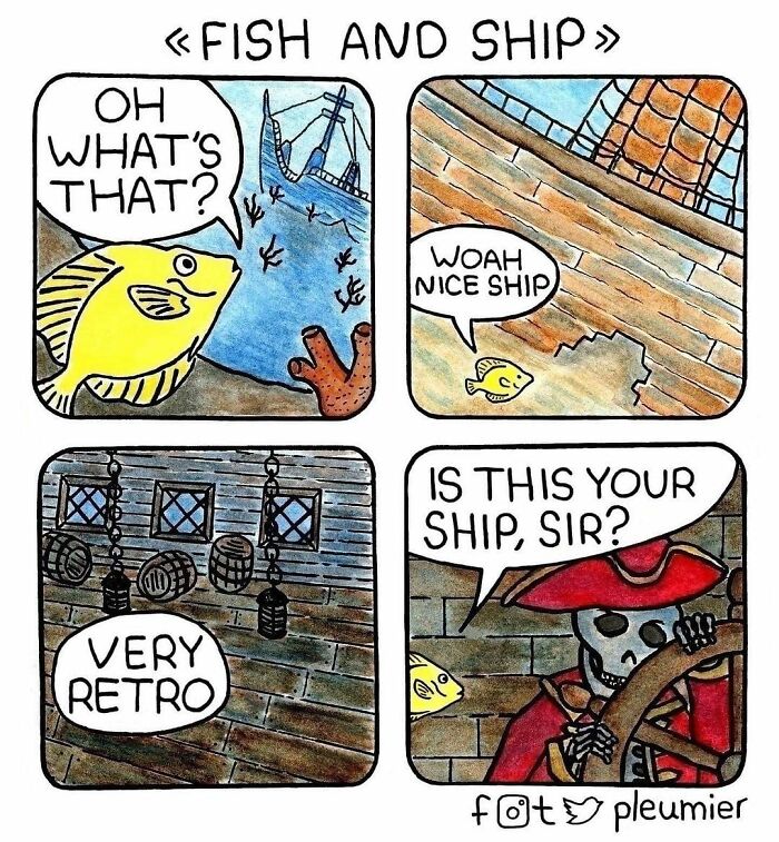 Comic panels from gently funny comics by a biologist-turned-artist showing a fish discovering a retro shipwreck with a skeleton pirate.