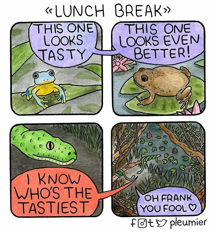 Comic panels show frogs choosing lunch, then a snake calling one the tastiest, in gently funny comics with sharp twist style.
