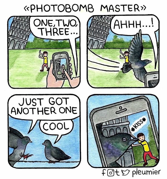Comic showing a biologist-turned-artist's gently funny twist with a bird photobombing a tourist's photo near the Leaning Tower.