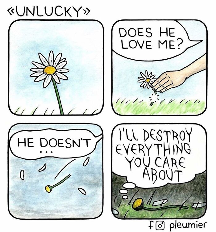 Comic strip by biologist-turned-artist shows a daisy plucked petal by petal with a sharp twist in humor.