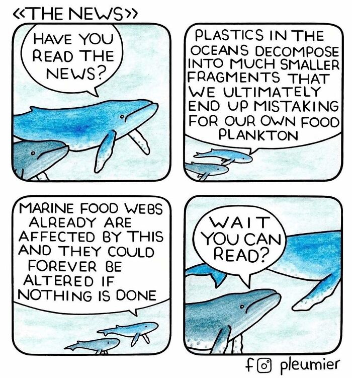 Comic of talking whales discussing ocean plastic pollution and marine food webs, from biologist-turned-artist's gently funny comics.