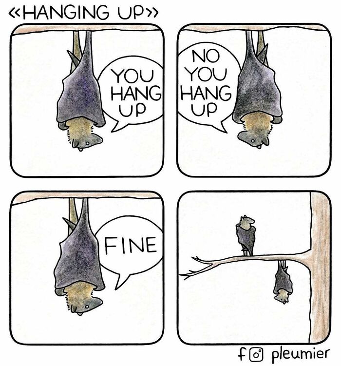 Comic panel by biologist-turned-artist showing a bat humorously debating who should hang up the phone.
