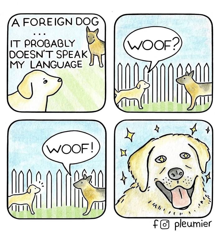 Comic panels showing two dogs communicating with speech bubbles and a humorous twist, featuring funny comics by a biologist artist.