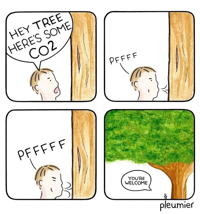 Comic showing a person gently blowing CO2 at a tree, highlighting a funny twist by a biologist-turned-artist.