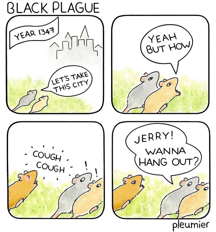 Comic panels featuring mice humorously referencing the Black Plague, showing a biologist-turned-artist's gently funny comics with a sharp twist.