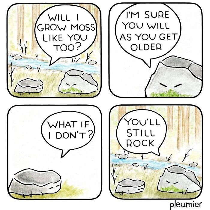 Comic strip showing talking rocks sharing a gently funny conversation with a sharp twist by a biologist-turned-artist.