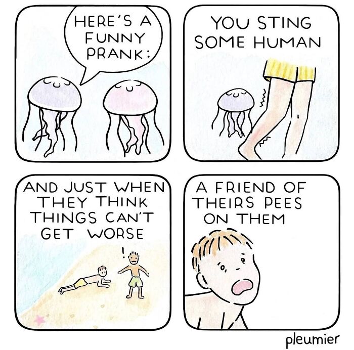 Comic panels by biologist-turned-artist showing a jellyfish pranking humans with a sting and unexpected twist.