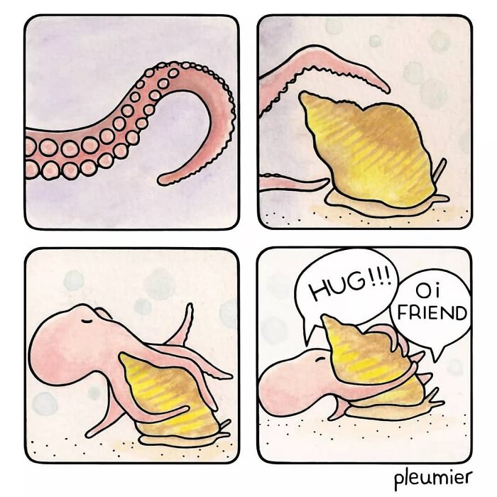 Comic panels show a cute octopus gently hugging a snail, illustrating gently funny comics by a biologist-turned-artist.