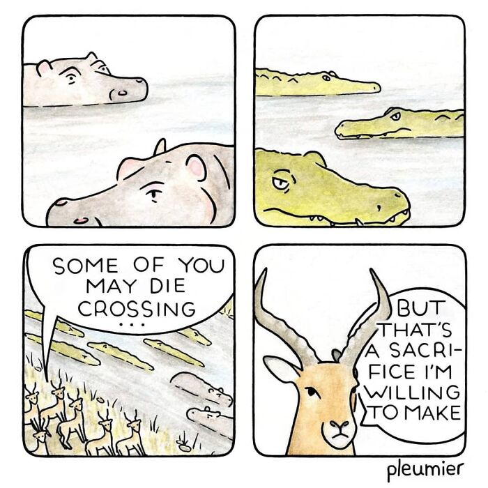 Comic panels showing hippos and crocodiles in water, with a deer making a sharply twisted statement in a biologist-turned-artist style.