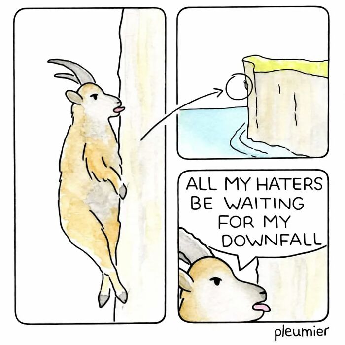 Comic panel of a mountain goat humorously anticipating its fall from a cliff, from biologist-turned-artist comics.