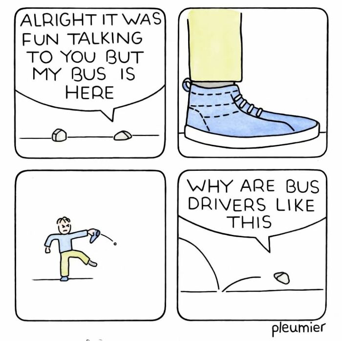 Comic from biologist-turned-artist showing a sharp twist with gently funny humor about bus drivers and shoes.