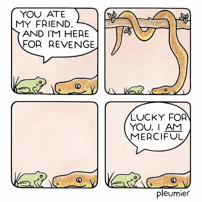 Comic strip by a biologist-turned-artist showing a frog and a snake with a gently funny twist on revenge.
