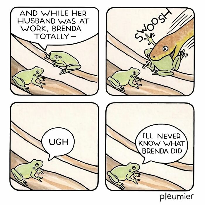 Comic strip by biologist-turned-artist shows two frogs on a branch, one eaten by a snake with a humorous twist.