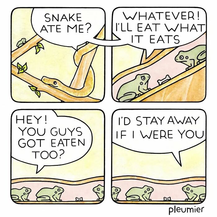 Comic panels showing frogs and a snake humorously discussing being eaten, featured in biologist-turned-artist comics.