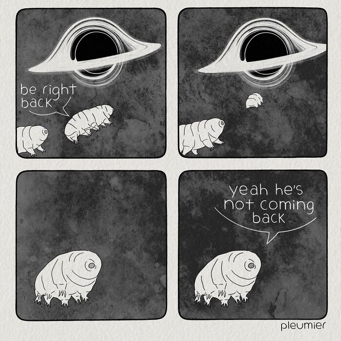 Comic panels featuring a tardigrade humorously interacting near a black hole, illustrating biologist-turned-artist's sharp twist comics.