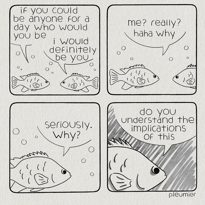 Comic strip of two fish discussing identity and implications, showcasing gently funny comics by a biologist-turned-artist.