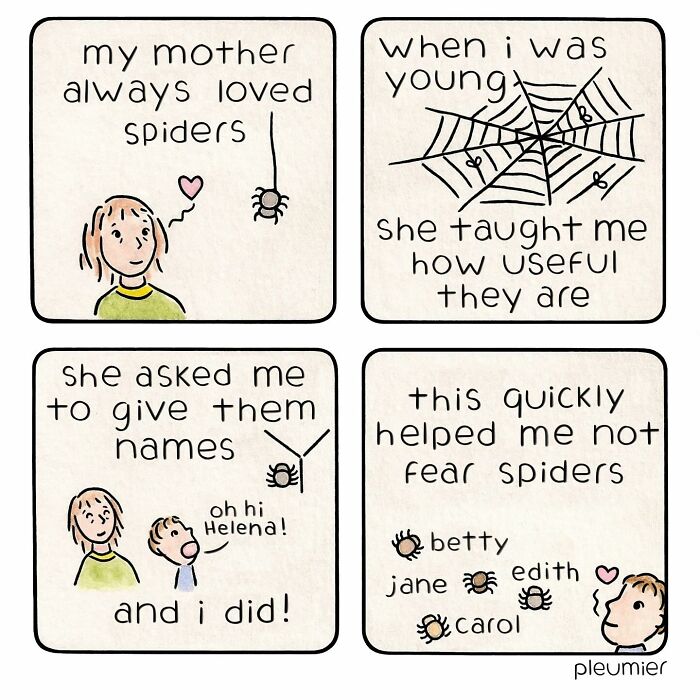 Comic panels about spiders teaching kids their usefulness with gentle humor by a biologist-turned-artist.