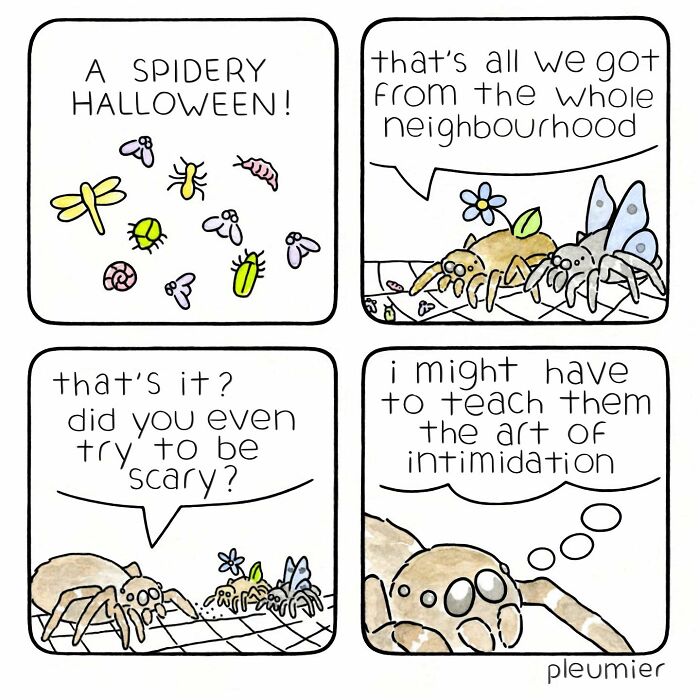 Comic strip showing spiders discussing a weak Halloween catch, highlighting gently funny comics with a sharp twist.